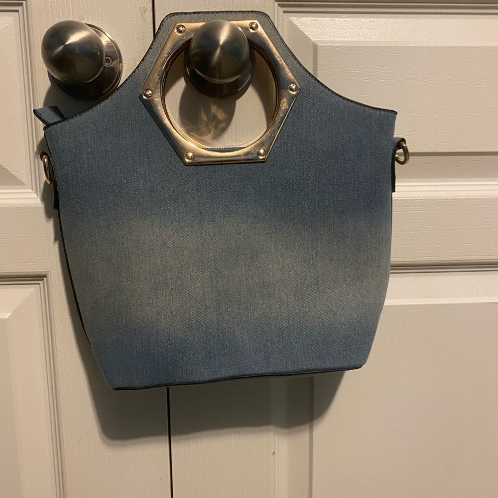 Stylish Blue Denim Tote Bag with Metal Handles